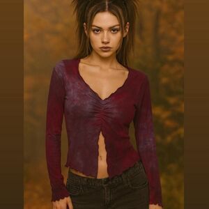 vintage Y2K 2000s retro purple and red tie dye long sleeve lettuce hem top Shirt